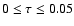 $0 \leq \tau \leq 0.05$