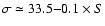 $\sigma \simeq 33.5{-}0.1\times S$