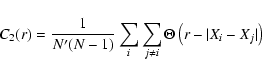\begin{displaymath}C_2(r)= {1\over {N^{\prime}(N-1)}}\sum_i \sum_{j\ne i}
\Theta\left(r - \vert{X}_i - {X}_j\vert\right)
\end{displaymath}