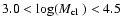 $3.0 < \log (\mbox{$M_{\rm cl}$ }) < 4.5$