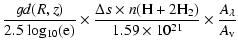 $\displaystyle \frac{gd(R,z)}{2.5~\rm {log_{10}}(e)} \times \frac{\Delta s \times
n(\rm {H+2H_{2}})}{1.59 \times 10^{21}}\times \frac{{A}_{\lambda}}{{A}_{\rm v}}$