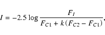 \begin{eqnarray*}I = -2.5 \log \frac{F_{I}}{F_{C1} + k\left(F_{C2} - F_{C1}\right)},
\end{eqnarray*}