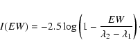 \begin{eqnarray*}I(EW)=-2.5 \log \left(1- \frac{EW}{\lambda_{\rm 2} - \lambda_{\rm 1}}\right)\cdot
\end{eqnarray*}