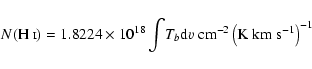 \begin{displaymath}%
N(\mbox{H {\sc i}})=1.8224\times10^{18} \int \!T_b {\rm d}v~ {\rm cm^{-2}\left(K~km~s^{-1}\right)^{-1}}
\end{displaymath}