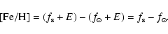 \begin{displaymath}{\rm [Fe/H]} = (f_{\rm s} + E) - (f_{\odot} + E) = f_{\rm s} - f_{\odot}.
\end{displaymath}
