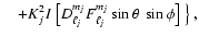 $\displaystyle\quad + K_j^2 I~\big[D_{\ell_j}^{m_j} F_{\ell_j}^{m_j}\sin\theta \
\sin\phi\big]~\big\}~,$