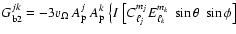 $\displaystyle G_{\rm b2}^{jk}=- 3 v_\Omega \ A_{\rm p}^j \ A_{\rm p}^k
~\big\{ I~\big[C_{\ell_j}^{m_j} E_{\ell_k}^{m_k} \ \sin\theta \
\sin\phi\big]~ $