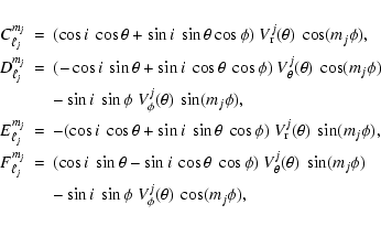 \begin{eqnarray*}C_{\ell_j}^{m_j}&=&(\cos i \ \cos\theta + \sin i \ \sin\theta
...
... \\
&&- \sin i \
\sin\phi \ V_\phi^j(\theta) \ \cos(m_j \phi),
\end{eqnarray*}