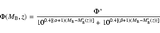 \begin{displaymath}\Phi(M_{\rm B},z) = \frac{\Phi^*}{10^{0.4[(\alpha+1)(M_{\rm B...
...{\rm B}^*(z))]}+10^{0.4[(\beta+1)(M_{\rm B}-M_{\rm B}^*(z))]}}
\end{displaymath}