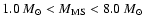 $1.0~M_\odot<M_{\rm MS} <8.0~M_\odot$