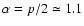 $\alpha=p/2\simeq 1.1$
