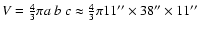 $V= {4 \over 3} \pi a
~b~ c \approx {4 \over 3} \pi 11'' \times 38'' \times 11''$