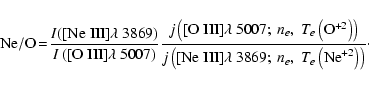 \begin{displaymath}{\rm Ne}/{\rm O}\!=\!
\frac{I({\rm [Ne\;III]}\lambda~3869)}{I...
...\lambda~3869;~n_e,~T_e\left({\rm Ne}^{+2}\right)\right)}\cdot\
\end{displaymath}