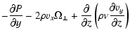$\displaystyle %
-\frac{\partial P}{\partial y} -2\rho v_x\Omega_\perp
+\frac{\partial}{\partial z} \left(\rho\nu
\frac{\partial v_y}{\partial z}\right)$