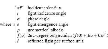 \begin{displaymath}\textrm{where:} \left \{
\begin{array}
{ll}{\pi}F & \textrm{i...
...\textrm{reflected light per surface unit.}
\end{array} \right.
\end{displaymath}