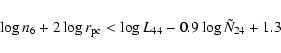 \begin{displaymath}\log n_6+2 \log r_{\rm pc} < \log L_{44}-0.9 \log \tilde{N}_{24}+1.3
\end{displaymath}