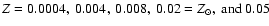 $Z =0.0004,~0.004,~0.008,~0.02=Z_{\odot}, {\rm ~and ~0.05}$