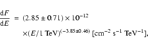 \begin{eqnarray*}\frac{{\rm d}F}{{\rm d}E}&=&(2.85\pm 0.71)\times 10^{-12} \\
&...
...\rm 1~ TeV})^{(-3.85\pm 0.46)} ~{\rm [cm^{-2}~s^{-1}~TeV^{-1}]},
\end{eqnarray*}