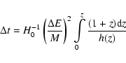 \begin{displaymath}
\Delta t=H_0^{-1}\left(\frac{\Delta E}{M}\right)^2\int\limits_0^z
\frac{(1+z){\rm d}z}{h(z)}
\end{displaymath}