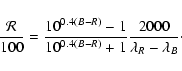 \begin{displaymath}\frac{{\cal R}}{100}=\frac{10^{0.4(B-R)}-1}{10^{0.4(B-R)}+1}\frac{2000}{\lambda_R-\lambda_B}\cdot
\end{displaymath}