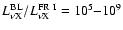 $L^{\rm BL}_{\nu {\rm X}}/L^{\rm FR~I}_{\nu {\rm X}} = 10^5{-}10^9$