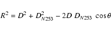 \begin{eqnarray*}R^2 = D^2 + D^2_{N253} - 2D\ D_{N253}\ \cos\theta
\end{eqnarray*}