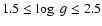 $1.5 \leq \log\; g\leq 2.5$