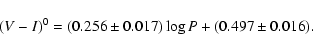 \begin{displaymath}%
(V-I)^0 = (0.256\pm0.017)\log P + (0.497\pm0.016).
\end{displaymath}