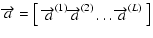 $\displaystyle \overrightarrow{a} = \left[\begin{array}{cccc}
\overrightarrow{a}^{(1)} \overrightarrow{a}^{(2)} \ldots \overrightarrow{a}^{(L)}\end{array}\right]$