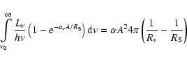 \begin{displaymath}\int\limits_{\nu_{0}}^{\infty}\frac{L_{\nu}}{h\nu}\left( 1-{\...
...A^{2} 4\pi \left(\frac{1}{R_{*}} - \frac{1}{R_{\rm S}}
\right)
\end{displaymath}