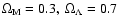 $\Omega_{\rm M}=0.3,\
\Omega_{\Lambda}=0.7$