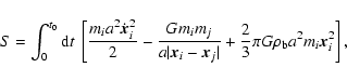 \begin{displaymath}S=\int_{0}^{t_0} {\rm d}t~\left[ {m_i a^2 \dot{\vec{x}}_i^2\o...
...vert} +{2\over 3}\pi G\rho_{\rm b}
a^2 m_i \vec{x}_i^2\right],
\end{displaymath}