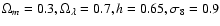 $\Omega_m=0.3,
\Omega_\lambda=0.7, h=0.65, \sigma_8=0.9$