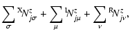 $\displaystyle \sum_{\sigma}{^{{\rm X}}\!N^{z}_{j\sigma}}
+\sum_{\mu}{^{{\rm I}}\!N^{z}_{j\mu}}
+\sum_{\nu}{^{{\rm R}}\!N^{z}_{j\nu}},$