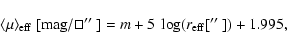 \begin{displaymath}\langle\mu\rangle_{\rm eff}~[{\rm mag}/\sq\hbox{$^{\prime\prime}$ }]=m+5~\log(r_{\rm eff}[\hbox{$^{\prime\prime}$ }])
+1.995,
\end{displaymath}