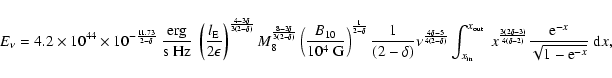 \begin{displaymath}E_{\nu}=4.2\times 10^{44}\times 10^{-\frac{11.73}{2-\delta}}~...
...}
\frac{{\rm e}^{-x}}{\sqrt{1-{\rm e}^{-x}}}~{\rm d}x
\mbox{,}
\end{displaymath}