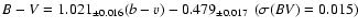 $B-V=1.021_{\pm0.016}(b-v)-0.479_{\pm0.017}\hspace{4pt} (\sigma(BV)=0.015)$