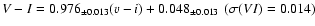 $V-I=0.976_{\pm0.013}(v-i)+0.048_{\pm0.013}\hspace{4pt} (\sigma(VI)=0.014)$