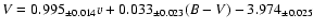 $V=0.995_{\pm0.014}v+0.033_{\pm0.023}(B-V)-3.974_{\pm0.025}$