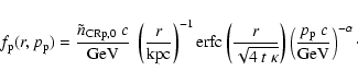 \begin{displaymath}
f_{\rm p}(r,p_{\rm p}) =
\frac{\tilde{n}_{{\rm CRp},0}~ c...
...)
\left(\frac{p_{\rm p}~c}{\mbox{GeV}}\right)^{-\alpha}\cdot
\end{displaymath}