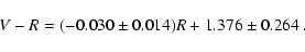 \begin{displaymath}V-R=(-0.030\pm0.014)R+1.376\pm0.264~.
\end{displaymath}