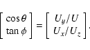 \begin{displaymath}\left[\begin{array}{c} \cos\theta \\ \tan\phi \end{array}\right]
=\left[\begin{array}{c} U_y/U \\ U_x/U_z \end{array}\right].
\end{displaymath}