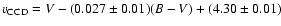 $v_{\rm {CCD}} = V - (0.027\pm0.01) (B-V) + (4.30\pm0.01) $