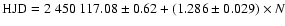 ${\rm HJD} = 2~450~117.08 \pm0.62+(1.286\pm0.029)\times N$