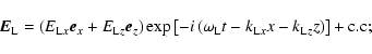 \begin{displaymath}\vec{E}_{\rm L}=(E_{{\rm L}x}\vec{e}_{x}+E_{{\rm L}z}\vec{e}_...
...\rm L}t-k_{{\rm L}x}x-k_{{\rm L}z}z\right) \right]
+{\rm c.c};
\end{displaymath}