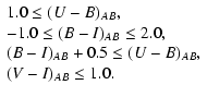 $\displaystyle \begin{array}{ll}
1.0\leq(U-B)_{AB},\\
-1.0\leq(B-I)_{AB}\leq2.0,\\
(B-I)_{AB}+0.5\leq(U-B)_{AB},\\
(V-I)_{AB}\leq1.0.\\
\end{array}$