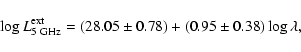 \begin{displaymath}\log L_{\rm 5~GHz}^{\rm ext}=(28.05\pm 0.78)+(0.95\pm 0.38)\log \lambda,
\end{displaymath}