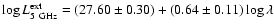$\log L_{\rm 5~GHz}^{\rm ext}=(27.60\pm 0.30)+(0.64\pm 0.11)\log \lambda$