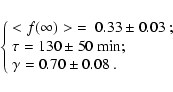 \begin{eqnarray*}\left\{
\begin{array}{l}
\hbox{$<f(\infty)>\;=\;0.33\pm0.03$ ;...
...min;} \\
\hbox{$\gamma=0.70\pm0.08$ .} \\
\end{array}\right.
\end{eqnarray*}