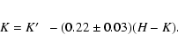 \begin{eqnarray*}K = K\hbox{$^\prime$ }\ - (0.22 \pm 0.03) (H-K).
\end{eqnarray*}